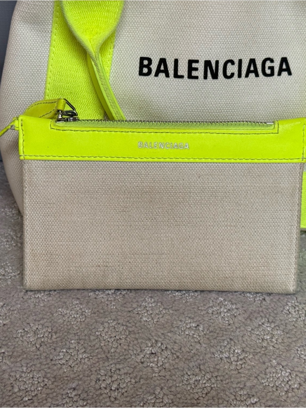 Balenciaga Canvas Tote with Neon Yellow Trim and Matching Pouch - Picture 2 of 7